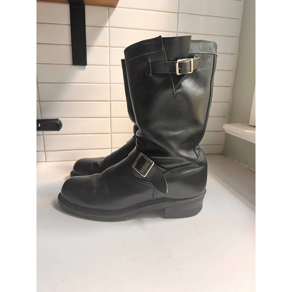 Vintage Sears Mens Black Leather Engineer Motorcycle Boots Buckle Strap Tall
